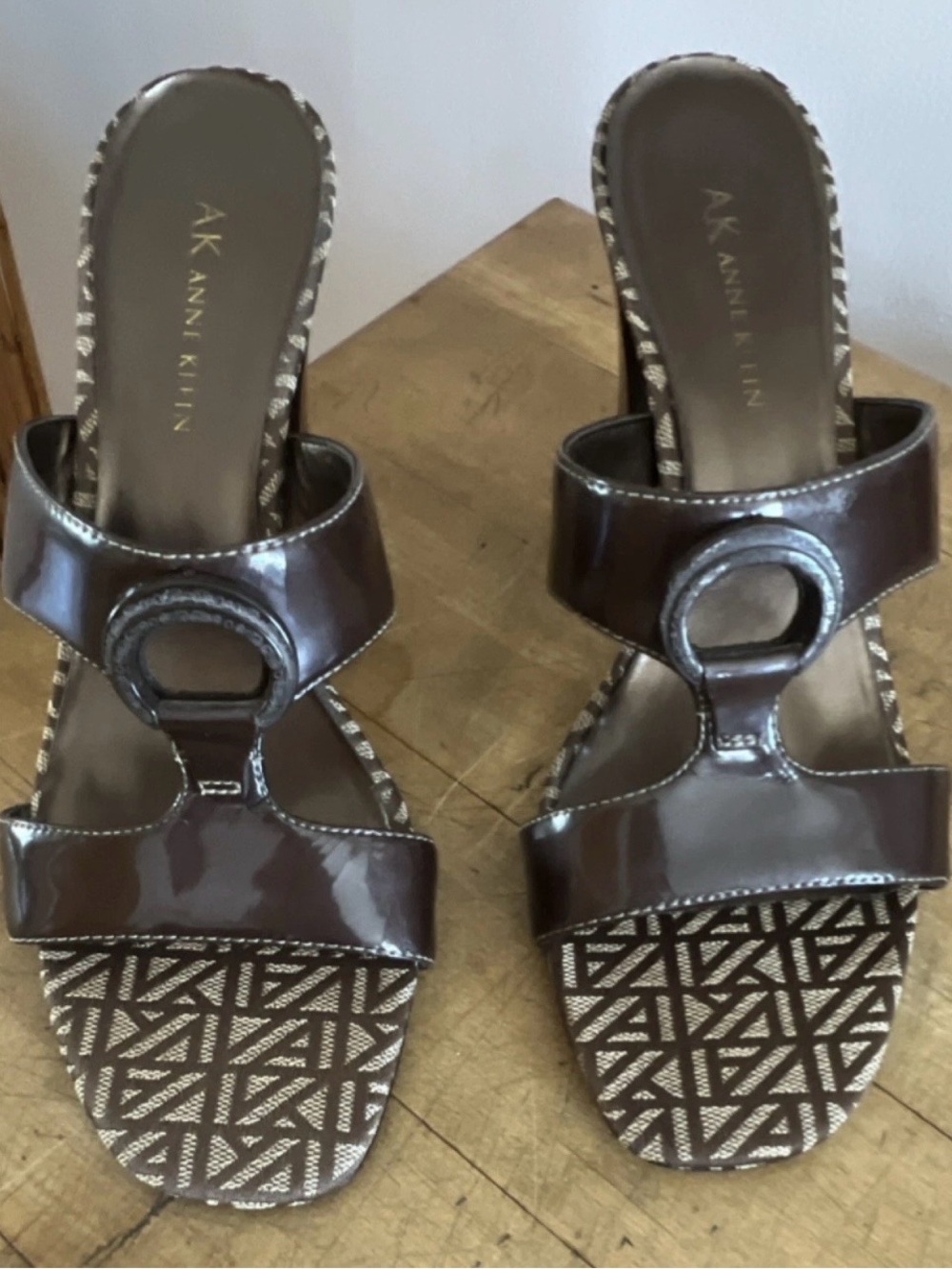 Anne Klein Brown Patent Slide Mules with Decorative Ring